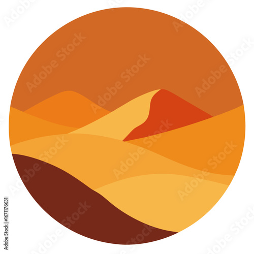 Stylized minimalist illustration of desert sand dunes in warm orange and yellow tones within a circular frame
