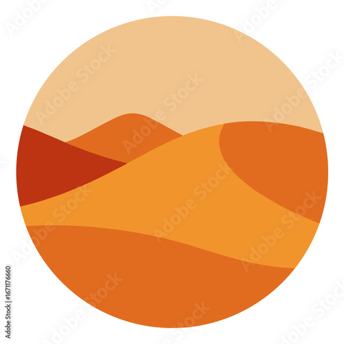 Abstract desert landscape with rolling sand dunes in warm orange and tan colors within a circular frame
