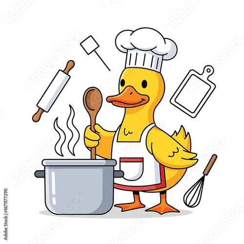 Cartoon duck chef Cooking with pot and utensils culinary theme high quality professional