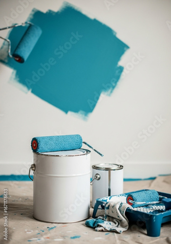 Painting a wall with a roller and turquoise paint supplies