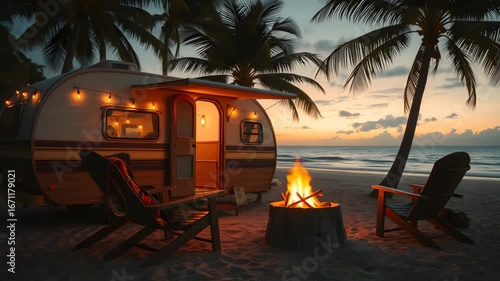 Full shot loop, Vintage camper with fairy lights chairs, With flickering flames in the campfire and tropical sea beach with palm trees in the sunset background, Relaxing travel concept, 4K Video 