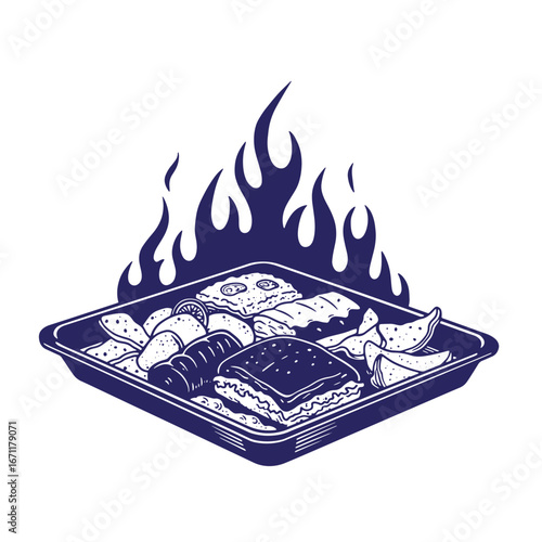 Appetizing food platter illustration displaying various cooked dishes on a serving tray with flames