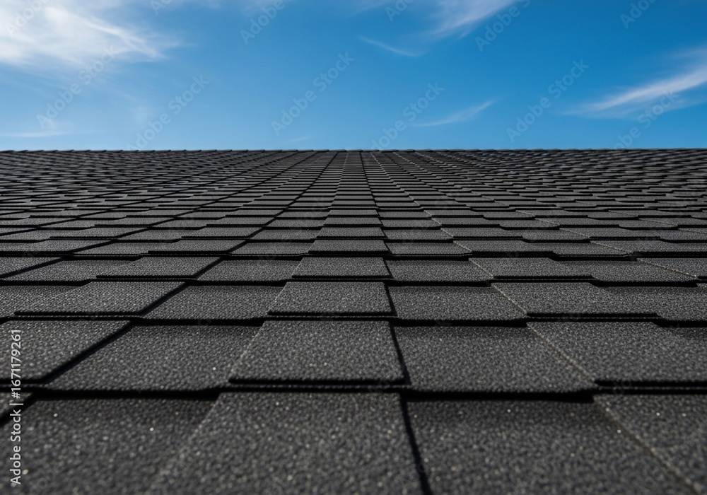 Fototapeta premium Dark gray asphalt shingles on a rooftop under a bright blue sky