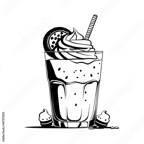 A tempting combination of chocolate cookies and cream: The simple lines of cream and Oreo cookies arranged on the glass create an allure for the cool and sweet drink.