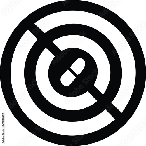 Abstract circular target symbol with a prohibited capsule icon representing medical restriction or drug-free status