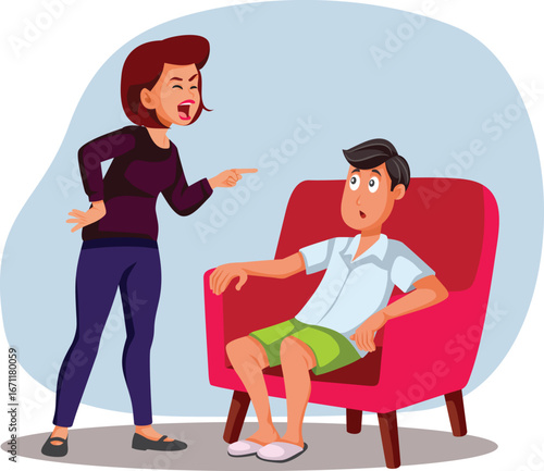Angry Wife Belittling her Lazy Husband Vector Cartoon. Annoyed spouse screaming, yelling and pointing fingers 

