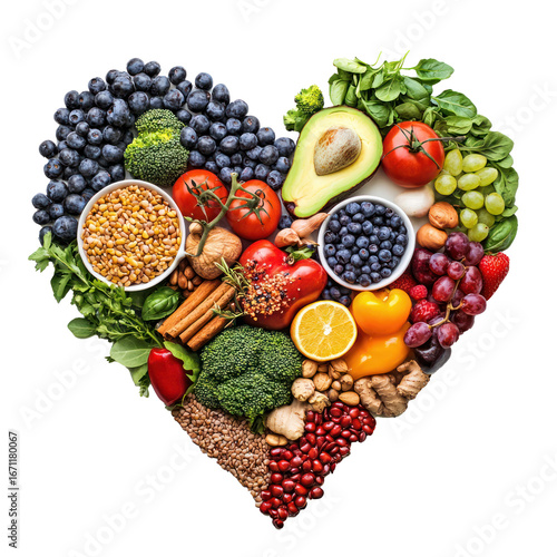 Healthy food diagram in heart shape top view isolate on transparent background