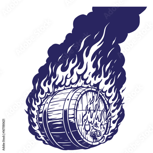 Burning barrel illustration showing flames surrounding wooden container with artistic graphic style