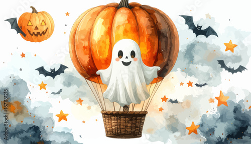 A cute ghost embarks on a whimsical Halloween adventure, flying in a pumpkin hot air balloon through a starry night sky with bats