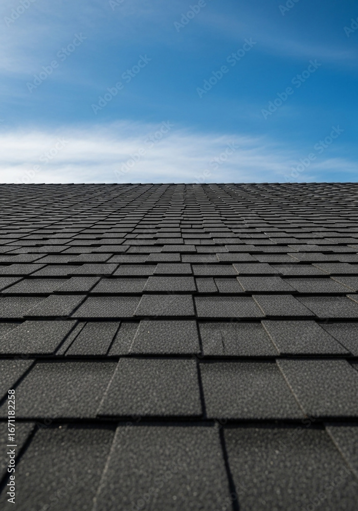Fototapeta premium Dark gray asphalt shingle rooftop under a bright blue sky