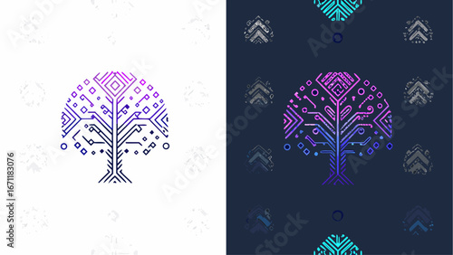 Digital tree with geometric shapes and circuit board patterns on contrasting backgrounds showing duality