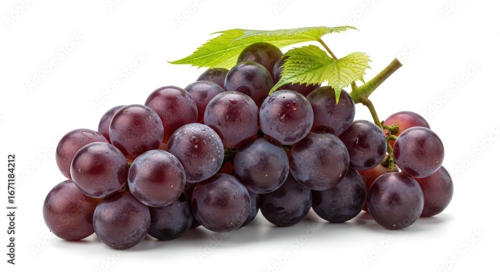 Fototapeta premium Fresh Bunch of Ripe Red Grapes with Green Leaves Isolated on White Background