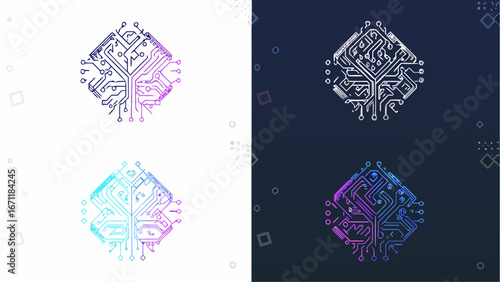 Illustration featuring four circuit board designs in varying color schemes and background contrasts