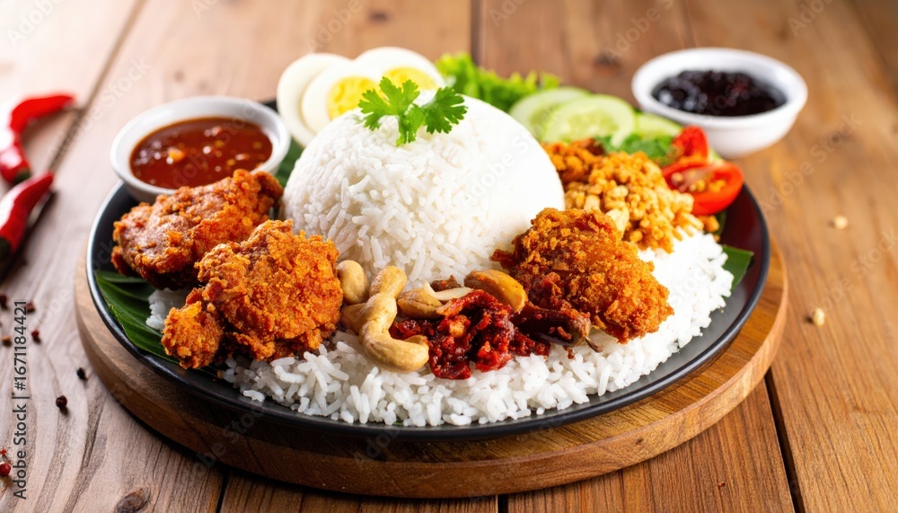 Fototapeta premium Delicious Nasi Lemak A Fragrant Malaysian Rice Dish with Crispy Chicken