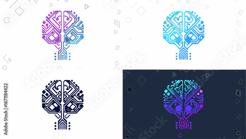 Four digital brain representations with circuit patterns on white and dark blue backgrounds with shapes