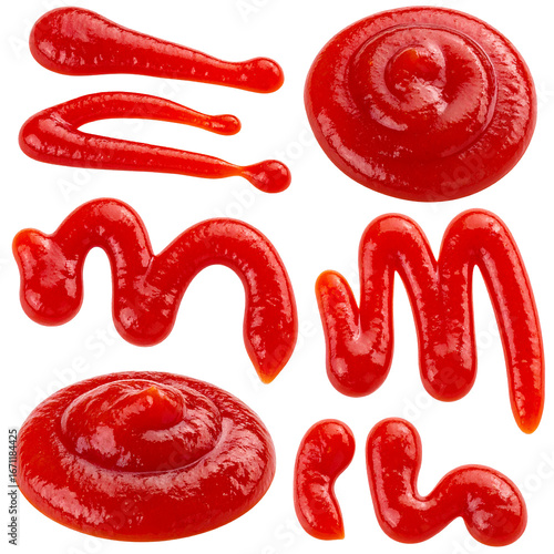 Ketchup Artistic Design Isolated On White Background: The image features artistic ketchup swirls, dots, and lines arranged on a surface, offering an inviting display of color and texture. 