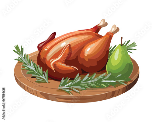 A roasted chicken on a plate, garnished with fresh guavas and rosemary - Vector Illustration