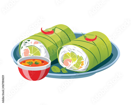 A delicious burrito wrap on a plate with a side of spicy salsa and a lime - Vector Illustration

