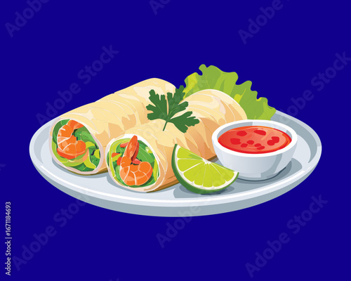 Savory burritos filled with fresh ingredients and served with salsa and a lime - Vector Illustration
