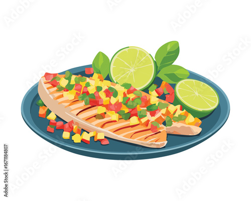 A beautiful grilled salmon steak with a fresh salsa of lime, tomato and herbs - Vector Illustration
