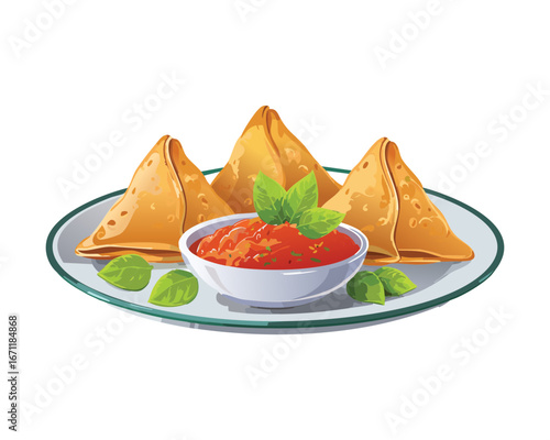 A pile of fried golden brown samosas with a small bowl of spicy red dipping sauce - Vector Illustration
