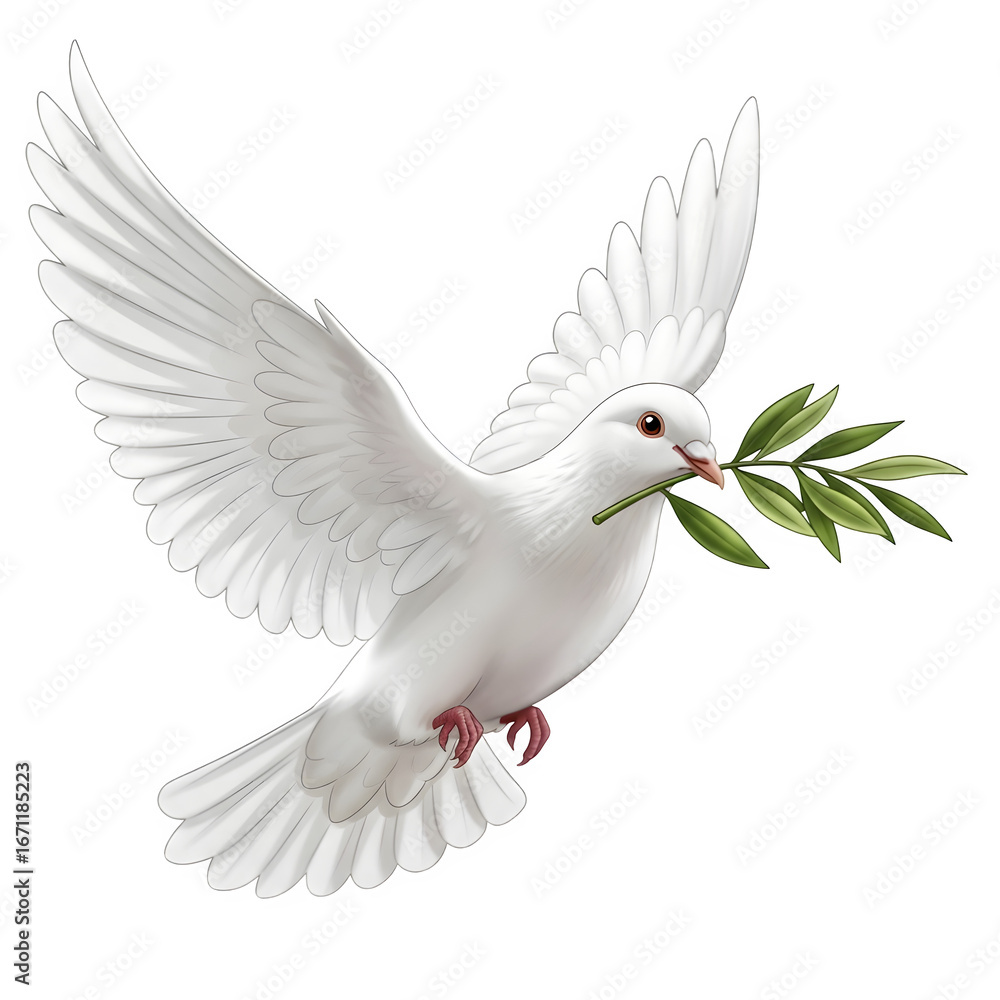 Obraz premium White Dove with Olive Branch Flying Isolated on Transparent Background