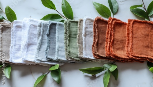 Assorted natural dyed cloth squares arranged in a gradient of colors.