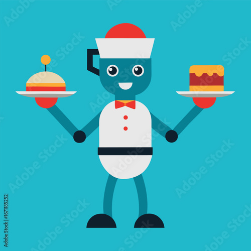 A robot waiter holds trays with food, representing automation and technology in the food service industry