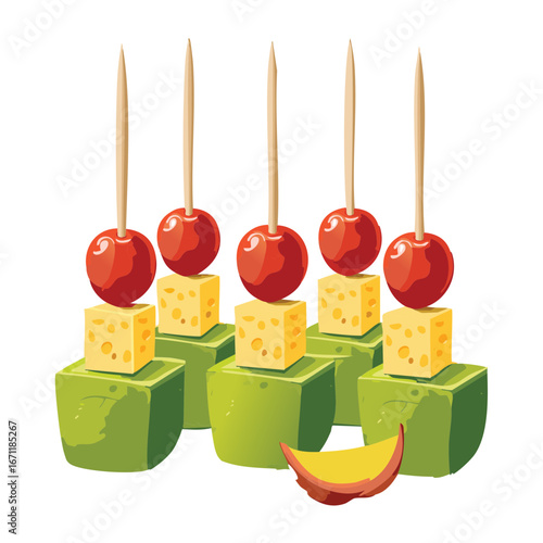 Red Cherry and Cheese Skewers, a Sweet and Tart Appetizer for any Party or Event - Vector Illustration