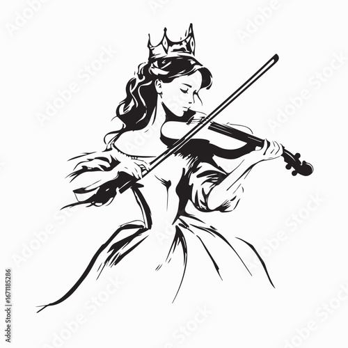 Girl in Princess Attire Playing the Violin Logo Vector on white background
