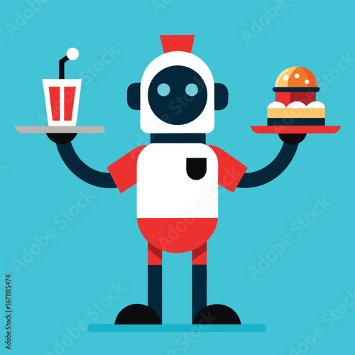 A robot waiter holds a soda and a burger, representing automation and technology in the food industry