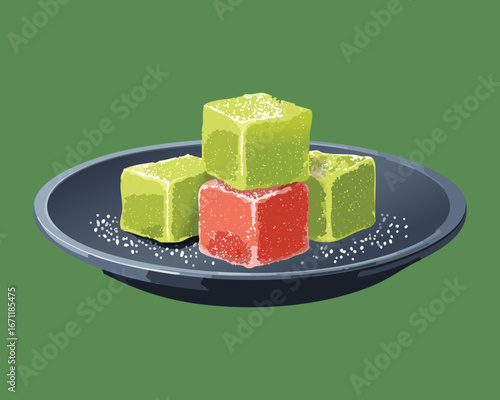 Assorted Turkish Delight or Mochi Dessert Blocks on a Plate, Delicious Candy - Vector Illustration