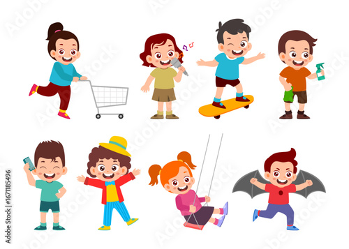 Set of cute little kids cartoon characters with various activities, little girl boy bat wings costume, clean with spray, clown costume, combing hair, singing, swinging, swing, shopping chart.
