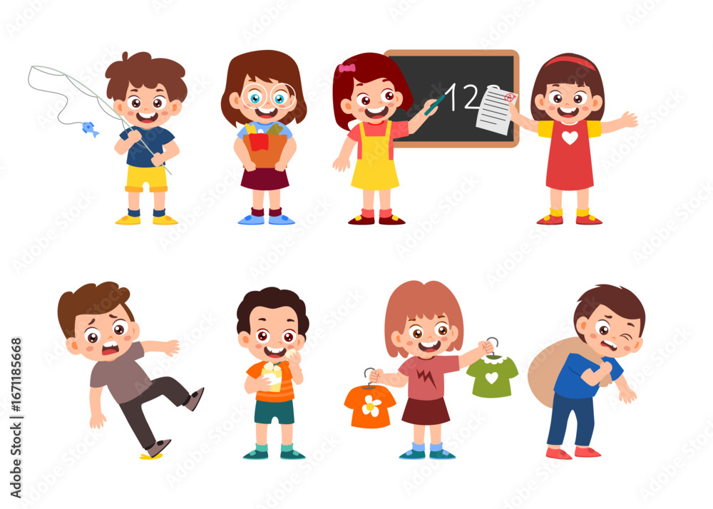 Set of cute little kids cartoon characters with various activities, Little kid carrying box, eating, snack, falling down, fishing road, choose t shirt, holding box, writing on blackboard, exam paper. Set of cute little kids cartoon characters with various activities, Little kid carrying box, eating, snack, falling down, fishing road, choose t shirt, holding box, writing on blackboard, exam paper.