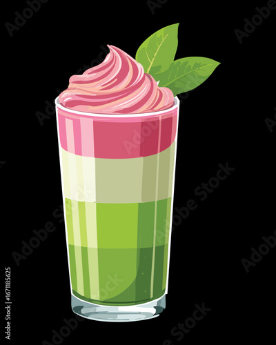 Healthy Layered Strawberry and Pear Smoothie in a Glass with Cream Top - Vector Illustration