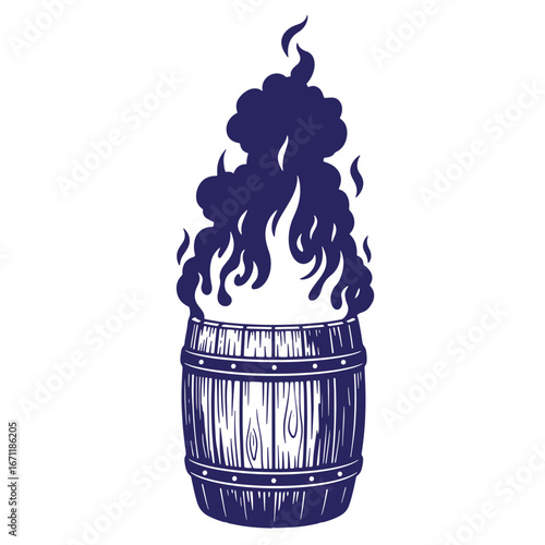 Burning wooden barrel symbolizing alchemy fire flame smoke vintage silhouette artwork