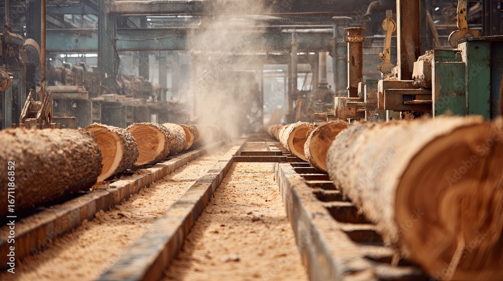 Fototapeta premium A sawmill interior with logs lined up, dust in the air, highlighting an industrial setting for wood processing.