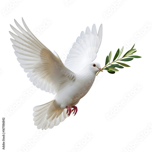 White Dove with Olive Branch Flying Isolated on Transparent Background