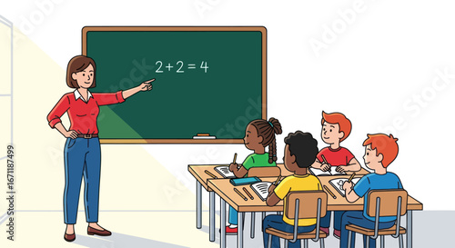 Teacher in classroom teaching math to students, blackboard with simple equation, learning atmosphere