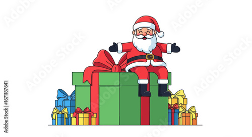 Festive santa claus illustration perched atop a towering gift box with presents galore