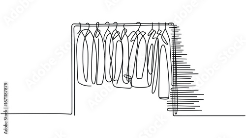 Continuous line drawing of clothes hanging on rack
