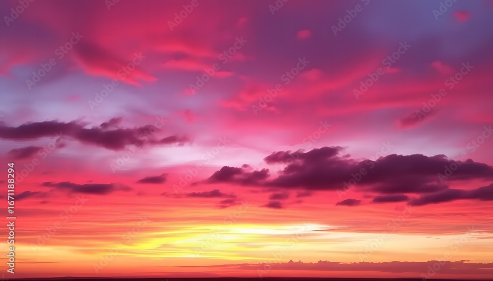 Fototapeta premium Vibrant sky at dusk fiery clouds painted with intense pink purple and orange hues