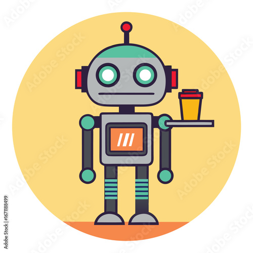 A cartoon robot waiter is holding a cup of coffee isolated on white background