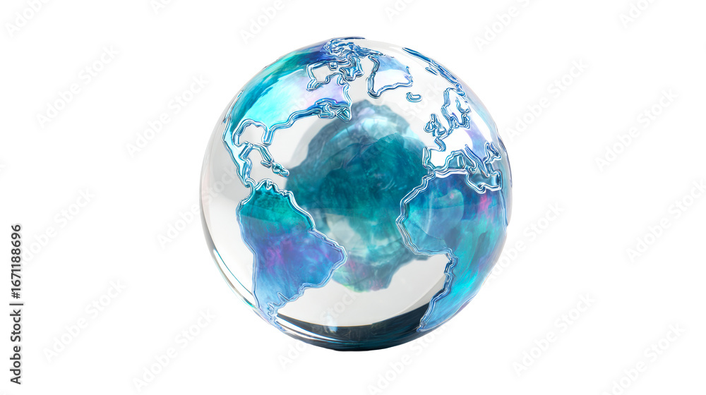 Fototapeta premium Abstract Glass Globe with Blue and Teal Swirls on White, cut out transparent