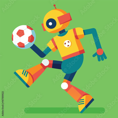 A robot soccer player is dribbling the ball with its foot on a green background illustration