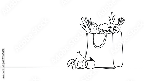 Continuous line drawing of grocery bag with fresh vegetables and fruits
