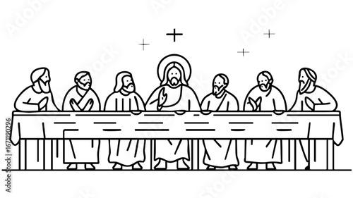 Minimalist line art illustration of The Last Supper, showing Jesus with disciples at the table. Christian religious icon symbolizing communion, sacrifice, and faith.