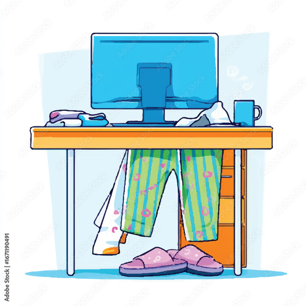 Obraz premium Desk setup with monitor, pajama pants, and slippers, creating a cozy workfromhome environment. Perfect for illustrating remote work or home office themes.