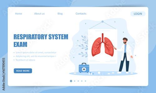 Respiratory system exam. Landing page template. Male Doctor treat tuberculosis. Vector illustration in flat cartoon style.