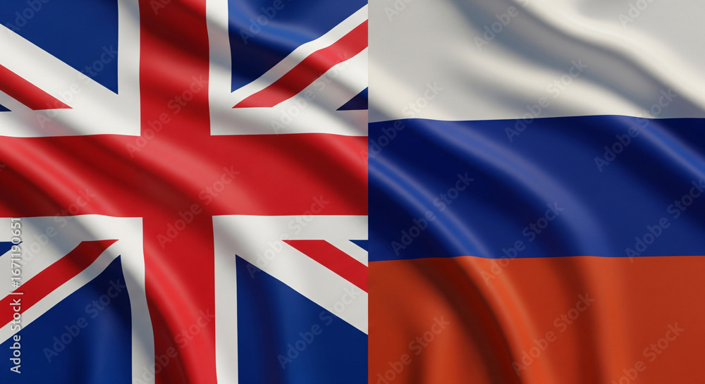 Fototapeta premium UK And Russia High Detail Fabric Flags With Folds Covering Full Canvas Split Screen Divided Design In Natural Lighting Realistic Dramatic JPG